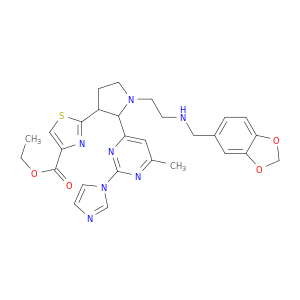 ETHYL 2-(2-(2-(1H-IMIDAZOL-1-YL)-6-METHYLPYRIMIDIN-4-YL)-1-(2-(BENZO[D][1,3]DIOXOL-5-YLMETHYLAMINO)ETHYL)PYRROLIDIN-3-YL)THIAZOLE-4-CARBOXYLATE